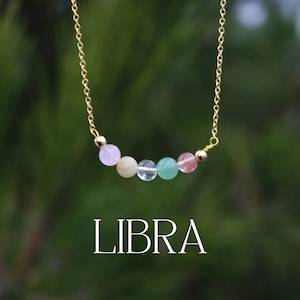 LIBRA Crystal Bead Necklace | Personalized Healing Crystal Astrology/Zodiac Necklace | Silver and Gold Chain Dainty Gemstone Jewelry Gift