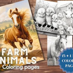 15 Realistic Farm Animals Coloring Book, Adult kids instant download -grayscale Coloring book, printable pdf, sheep, cows, pigs, horses