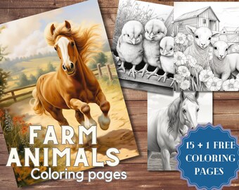 15 Libro para colorear de animales de granja realistas, descarga instantánea para niños adultos - Libro para colorear en escala de grises, pdf imprimible, ovejas, vacas, cerdos, caballos