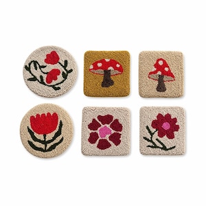 Ensemble de 6 motifs de sous-verres perforés, fleurs et champignons, motif punchneedle adapté aux débutants, sous-verres faits main bricolage