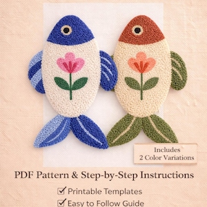 fish punch needle pattern-step by step pdf tutorial-Digital-folk art  colorfulfish-template-pdf -diy