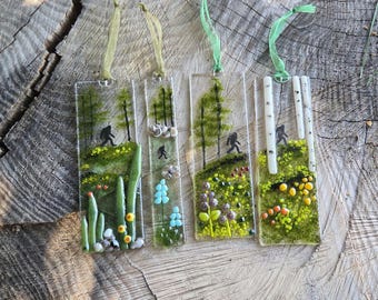 Bigfoot in the Woods Glass Suncatcher, Fused Glass Forest Window Art, Sasquatch Ornament
