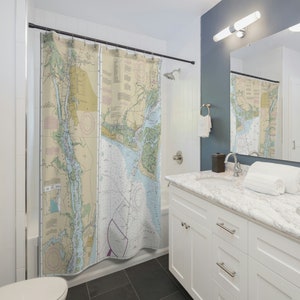 Cortina de ducha Cape Fear / Decoración de baño costero, carta náutica, regalo de navegación y marinero, mapa de la costa de carolina del norte, accesorio de baño