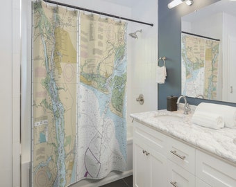 Cape Fear Shower Curtain | Coastal bathroom decor, nautical chart, boating and sailor gift, north carolina coast map, bathroom accessory
