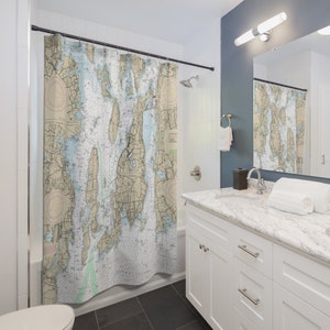 Rideau de douche Narragansett Bay | Rideau de douche carte, salle de bain nautique, cadeau pour amoureux de voyage, côte du Rhode Island, navigation de plaisance, carte marine