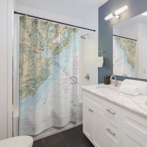 Rideau de douche Low Country | Rideau de douche Carte | Décoration de salle de bain nautique | Cadeau pour amateur de voyage | Rideau de douche Charleston