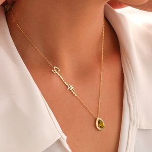 Peridot August Birthstone with Name Necklace, Mother's Day Gift for Her, Handmade Minimal Teardrop Stone Necklace, Birthstone Gift for Women