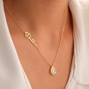 Custom Personalized Diamond Birthstone, April Teardrop Stone with Name Necklace, Multi Gemstone Pendant for Her, Birthday Gifts for Daughter