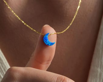 Moon Necklace, Gold  Opal Necklace, Silver Moon Necklace, Crescent Moon Pendant, Blue Opal Jewelry, White Opal Necklace, Valentine Gifts