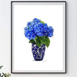 Botanical Wall Art Blue Hydrangea Wall Art Print Hydrangea Art Chinoiserie Art Hydrangea Painting Digital Wall Art  Blue and White Decor Art