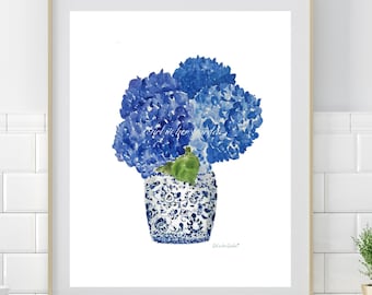 Arte de pared imprimible con flores azules, impresión de arte de pared de hortensias, arte de hortensias, pintura de hortensias chinoiserie, impresión de bellas artes, impresión de arte de acuarela