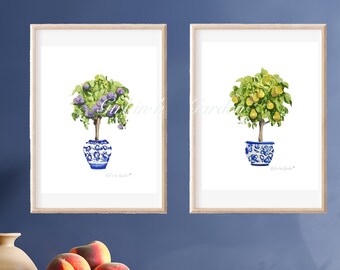 Gallery Wall Set of 2 Prints Citrus Art Print Kitchen Wall Art Blue and White Art Chinoiserie  Printable Wall Art Digital Art Citrus Print
