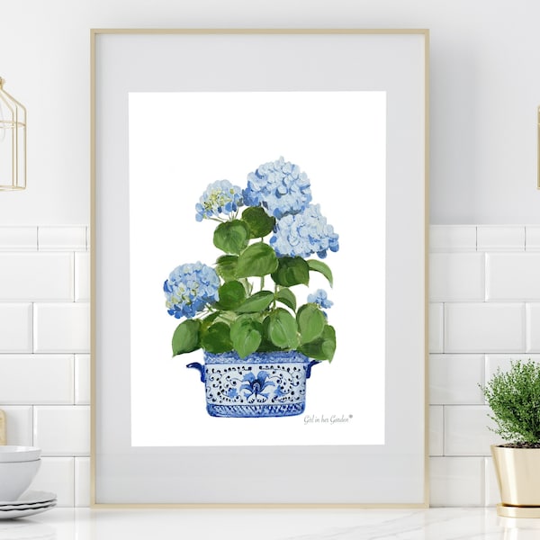 Botanical Wall Art Blue Hydrangea Wall Art Print Hydrangea Art Chinoiserie Art Hydrangea Painting Digital Wall Art  Blue and White Decor Art