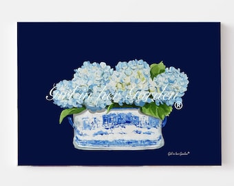 Impresión de arte mural de hortensias azules, arte de hortensias, pintura de hortensias estilo chinoiserie, impresiones artísticas, arte mural, arte digital, decoración de granja