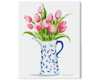 Rosa Tulpen-Blumenmuster, Chinoiserie-Krug, Küchenwandbild (Digitaler Download)