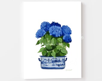 Arte mural botánico, hortensias azules, impresión de hortensias, arte chinoiserie, pintura de hortensias, arte mural digital, decoración azul y blanca.