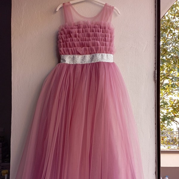 Robe Tutu adolescente longue poudreuse, robe enfant sans manches, robe de soirée bouffante, robe de cérémonie, robe de mariée, robe de bal, robe d’enfant rose