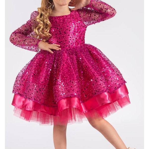 Sequined Children's Evening Dress, Fuchsia Princess Dress, Fluffy Show Dress, Birthday Kids Dress, Barbie Dress, Party Dress, Sparkly Dress