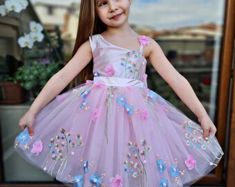 Pink Floral Kids Dress, Puffy Princess Toddler Dress, Little Girl Dance Dress, Tutu Dress, Half Sleeve Birthday Dress, Ballerina Dress