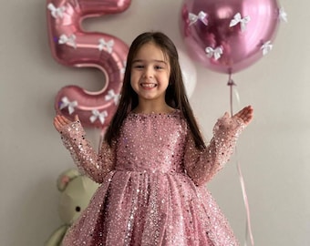 Vestido de cumpleaños rosa empolvado con cuentas y bordado para niña, vestido de princesa con tul perlado y volantes, vestido brillante para niña pequeña, vestido de diseñador brillante para niños