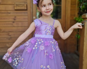 Lilac Flower Sleeveless Dress, Birthday Tulle Dress For Kids, Toddler Tutu Dress, Floral Christmas Dress, Dainty Princess Dress, Child Dress
