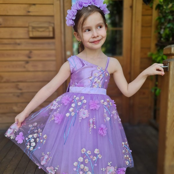 Lilac Flower Sleeveless Dress, Birthday Tulle Dress For Kids, Toddler Tutu Dress, Floral Christmas Dress, Dainty Princess Dress, Child Dress