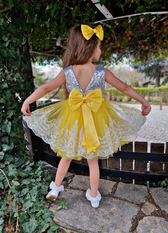 Robe d'anniversaire enfant en bas âge, robe jaune brillante pour enfants,  costume de princesse bébé fille, robe de fée, robe d'événement, robe tutu  de danse, robe de bébé en tulle 