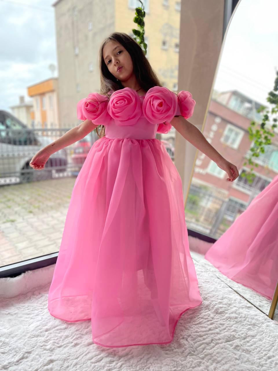 Pink Graduation Dress for Girls, Flower Sleeve Reptile Evening Dress, Children's Party Evening Dress, 3d Wedding Dress Prom Dress, Ball Gown