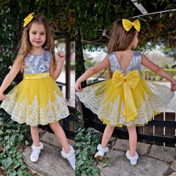 Robe d'anniversaire enfant en bas âge, robe jaune brillante pour enfants,  costume de princesse bébé fille, robe de fée, robe d'événement, robe tutu  de danse, robe de bébé en tulle 