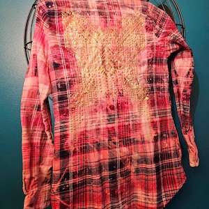 Bleach Dyed Embellished Women&#39;s Flannel Shirt