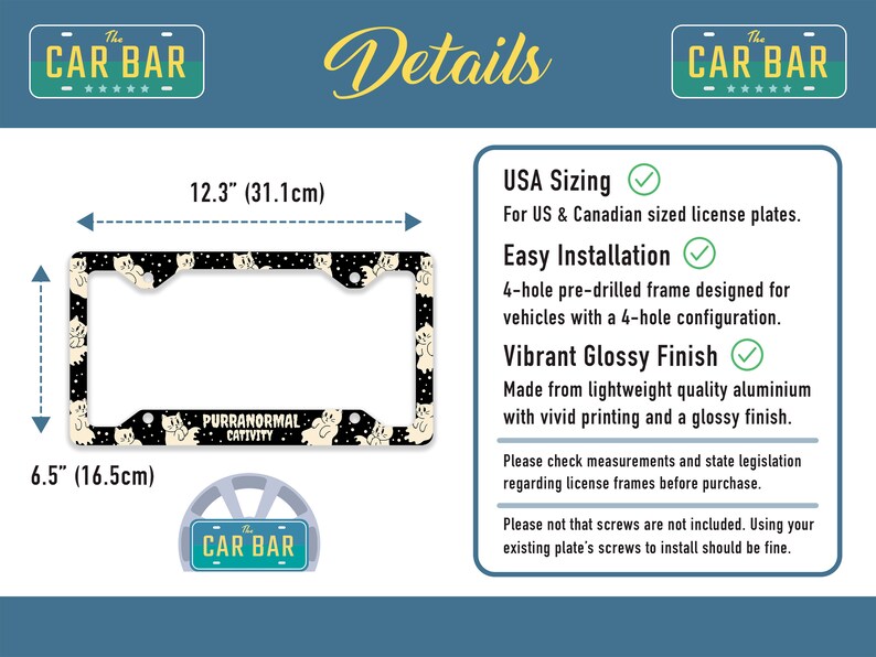 Puede incluir: Marco para matr&iacute;cula negro y blanco con un dise&ntilde;o de gato y el texto "Purranormal Cativity". El marco mide 31,1 cm de ancho y 16,5 cm de alto. Est&aacute; hecho de aluminio ligero con un acabado brillante.