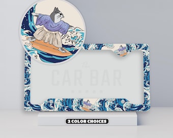 Funny Cat License Plate Frame, Surfing Cat Funny License Plate Cover, Great Wave Off Kanagawa, Cat Car Accessories, Ocean Japanese Car Decor