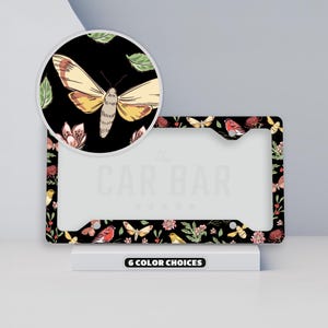 Botanical Bird & Moth Floral License Plate Frame, Wildflower Cute License Plate Cover, Cottagecore Car Accessory, Woods Forest License Plate