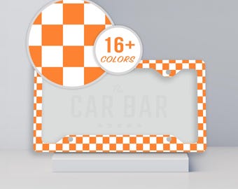 Orange Retro License Plate Frame, Checkered License Plate Cover, Cute Car Accessories for Women, Trendy 90s Car Decor, Gifts for Her & Him