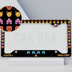 Funny Arcade Retro License Plate Frame, Classic Gamer Gift, Alien Space Game Plate Cover, Unique Fun Car Accessories for Men & Women Gamers