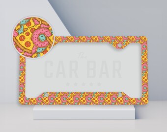 Pizza & Donut Fast Food License Plate Frame, Fun Pink Car Accessories for Teens Men and Women, Pizza Gifts, Donut Lover Car Decor, Chef Gift