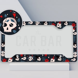 Skeleton License Plate Frame, Halloween License Plate Cover, Spooky Car Accessories, Creepy Cute Goth Gifts, Witchy Car Decor, Floral Skull