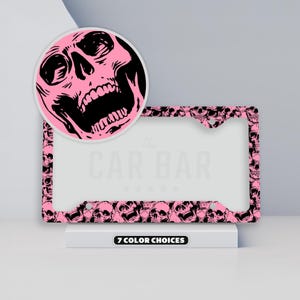 Skull Pink License Plate Frame, Halloween Car Accessories for Women, Skeleton Spooky Car Decor, Pastel Goth Gifts, Creepy Cute Gothic Vibes