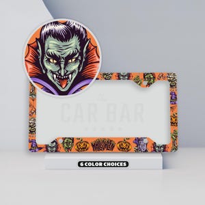 Halloween License Plate Frame, Spooky Car Accessories, Horror License Plate Cover, Retro Scary Goth Gifts for Women & Men, Dracula + Zombie