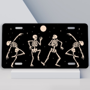 Dancing Skeletons Black License Plate, Cute Halloween Car Decor, Spooky Car Accessories for Women, Cool Gifts for Mom, Gothic Gift Daughter