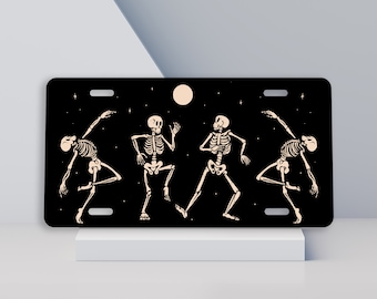 Dancing Skeletons Black License Plate, Cute Halloween Car Decor, Spooky Car Accessories for Women, Cool Gifts for Mom, Gothic Gift Daughter