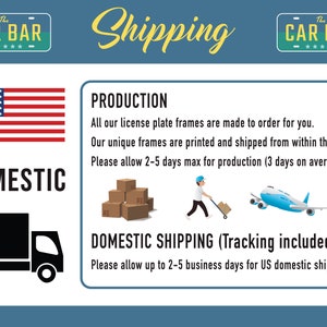 May include: Illustration of a truck delivering a license plate frame with the text "The Car Bar" on it. The image also includes a US flag and text about production and shipping times.
