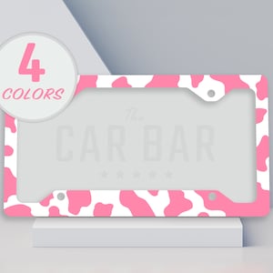 Strawberry Cow License Plate Frame, Pink Cow Print Car Decor, Cute Kawaii Car Accessories for Women, Cowgirl Gift for Mom, Cow Lover Gifts