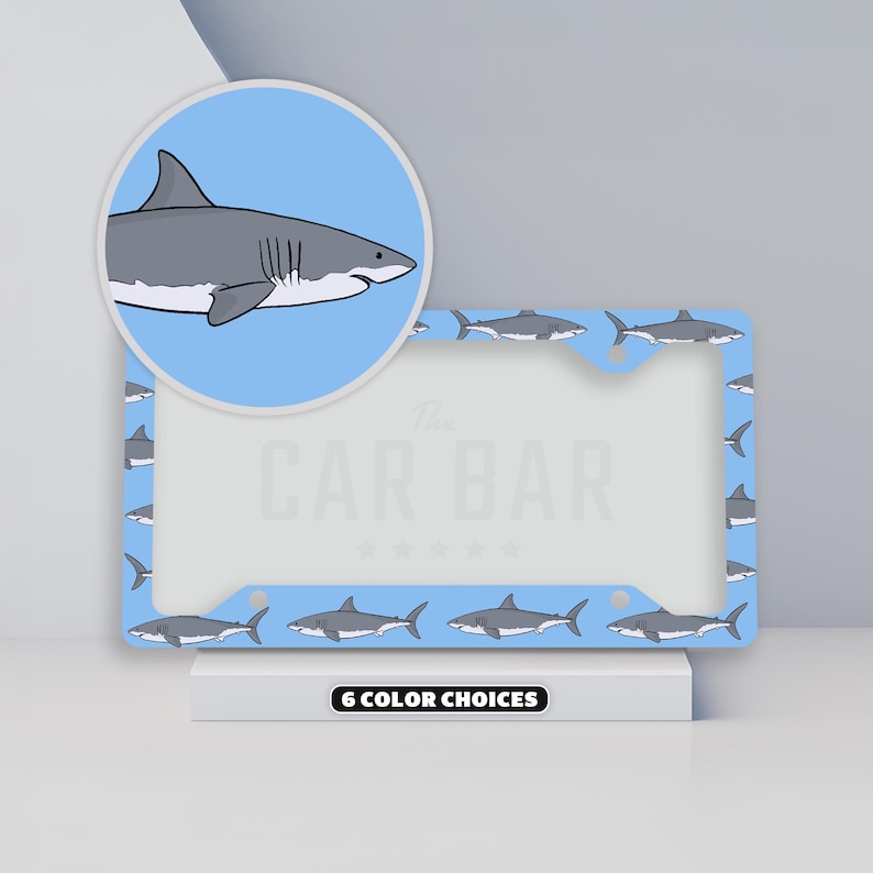 Shark License Plate Frame, Shark Lover Gift, Cute Ocean Car Decor, Great White Shark Car Accessories for Women, Sea Marine Life Plate Cover image 1