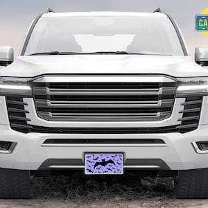May include: A white SUV with a black grille and a license plate that says "The Car Bar" with a purple background and a black bat design.