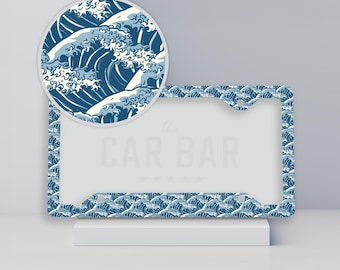 Blue Ocean Surf Waves License Plate Frame, Cool Car Accessories for Women and Men, Kanagawa Japanese Style Car Decor, Great Wave Surfer Gift
