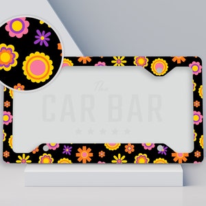 Groovy Retro License Plate Frame, Daisy License Plate Cover, Hippie Flower Car Accessories, Cute Girly Black Car Decor, Groovy Mama Gifts