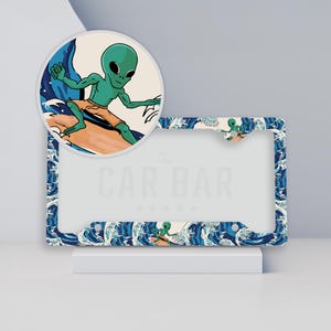 Surfing Alien License Plate Frame, Funny License Plate Cover, Great Wave Off Kanagawa, Alien Car Accessories, Ocean Car Decor, Surfer Gifts