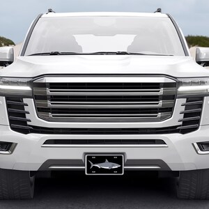 May include: White SUV with a black grille and a shark license plate. The vehicle is parked on a paved road with sand dunes in the background.
