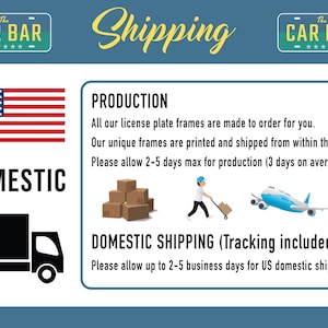 Puede incluir: Ilustraci&oacute;n de un cami&oacute;n que entrega un marco de matr&iacute;cula con el texto "The Car Bar" en &eacute;l. La imagen tambi&eacute;n incluye una bandera de Estados Unidos, cajas y un avi&oacute;n. El texto "Env&iacute;o nacional (Seguimiento incluido)" tambi&eacute;n est&aacute; incluido. El texto "Por favor, permita hasta 2-5 d&iacute;as h&aacute;biles para el env&iacute;o nacional en los Estados Unidos." tambi&eacute;n est&aacute; incluido.